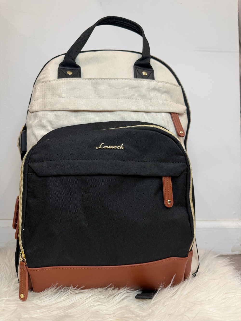 Black & Cream Men's Backpack with Brown Accents